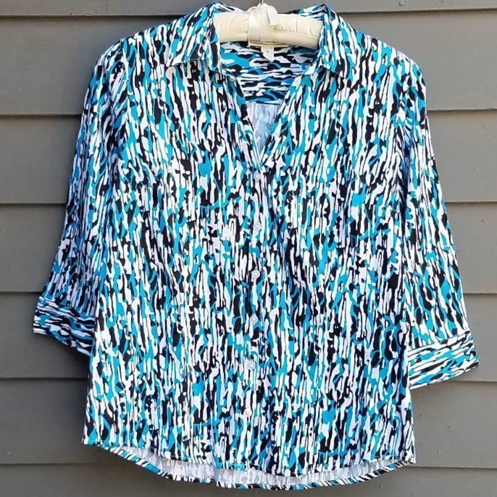 NWT Dana Buchman Black/Turquoise/White Button Down Blouse Size Small